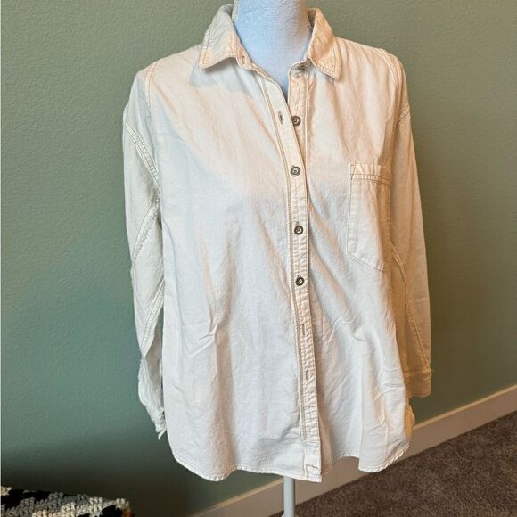 Free People Tops - Free People Oversized Shirt Jacket Cream with Tan Exposed Stitching Raw Seams XS